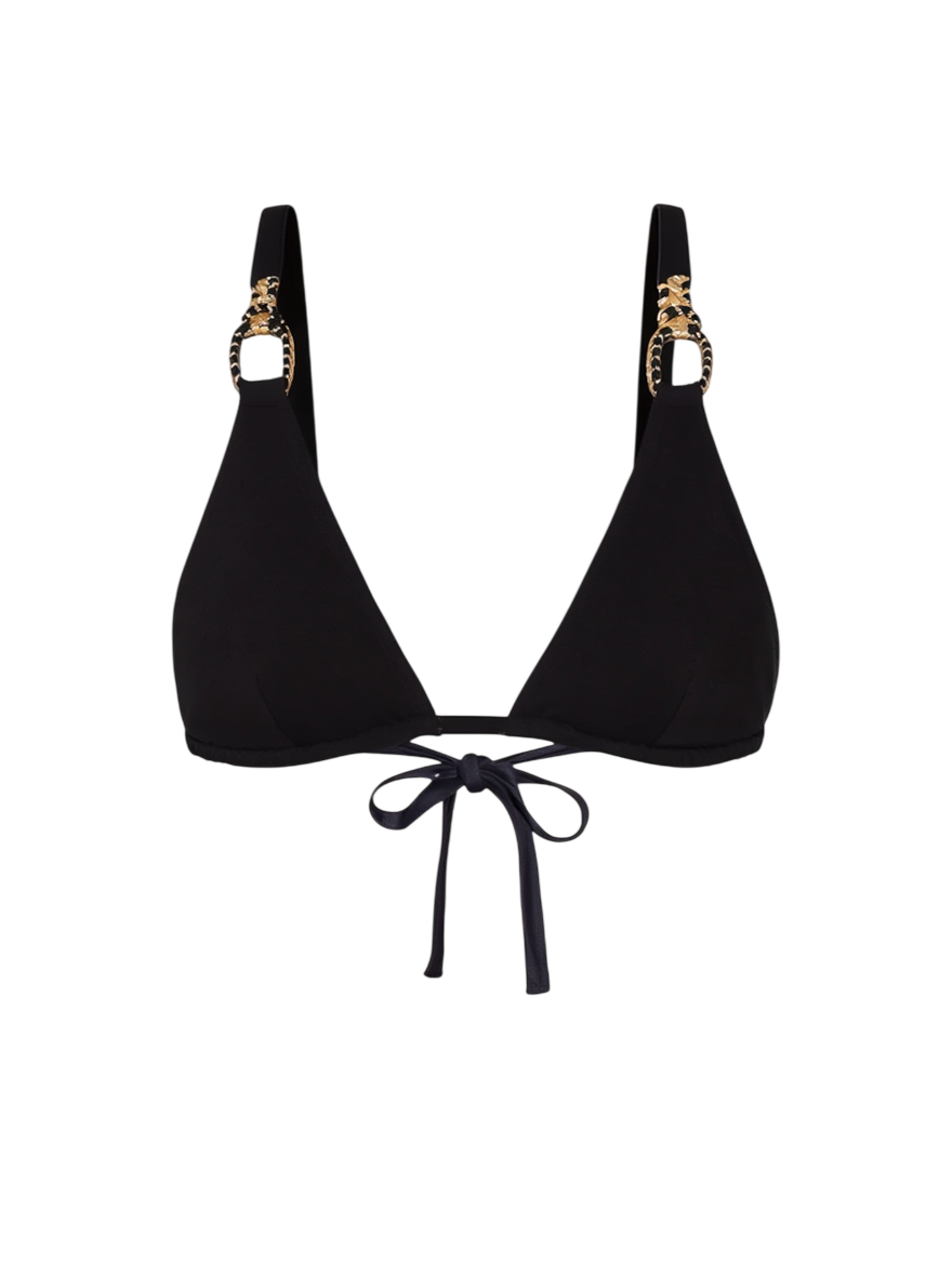 Haut de bikini triangle Tresses Noir – Tatiane de Freitas – anneaux tressés noir et doré intégrés, coques amovibles, triangle coulissant ajustable, matière galbante Oeko-Tex