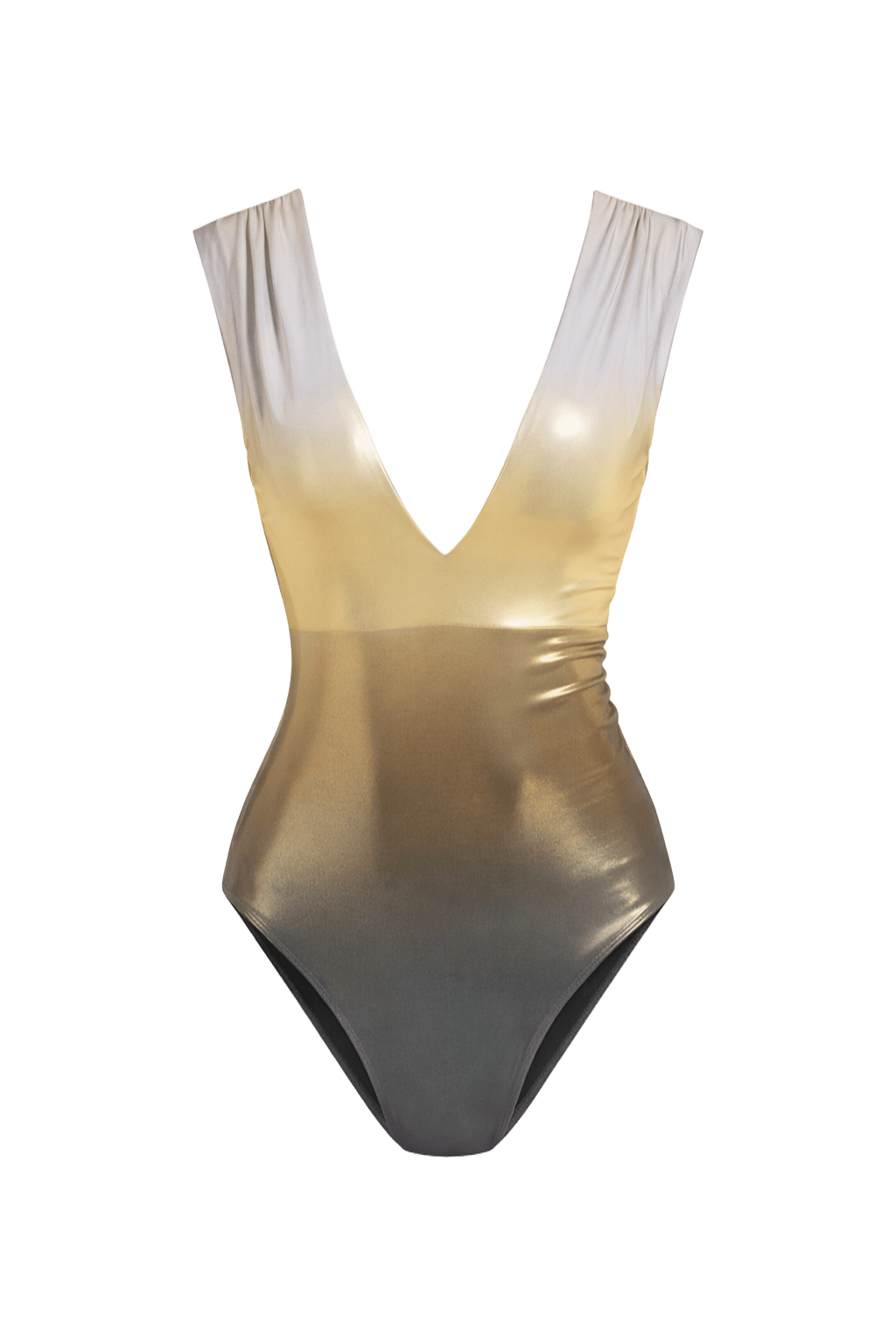Maillot de bain une pièce Fauve Sunset Black & Gold – Tatiane de Freitas – dégradé noir argenté doré satiné, épaules froncées, décolleté V, culotte taille haute sculptante