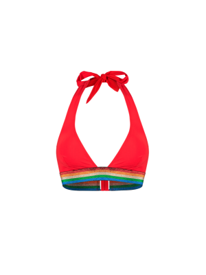 Haut de maillot de bain triangle rouge avec bande rayée en lurex.