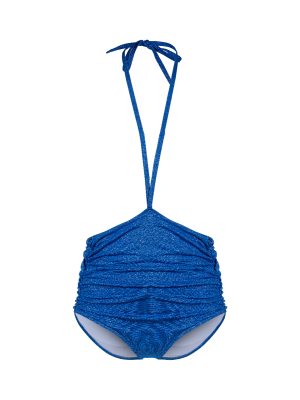 Bas de maillot de bain bleu taille haute en lurex pailleté avec fronces.