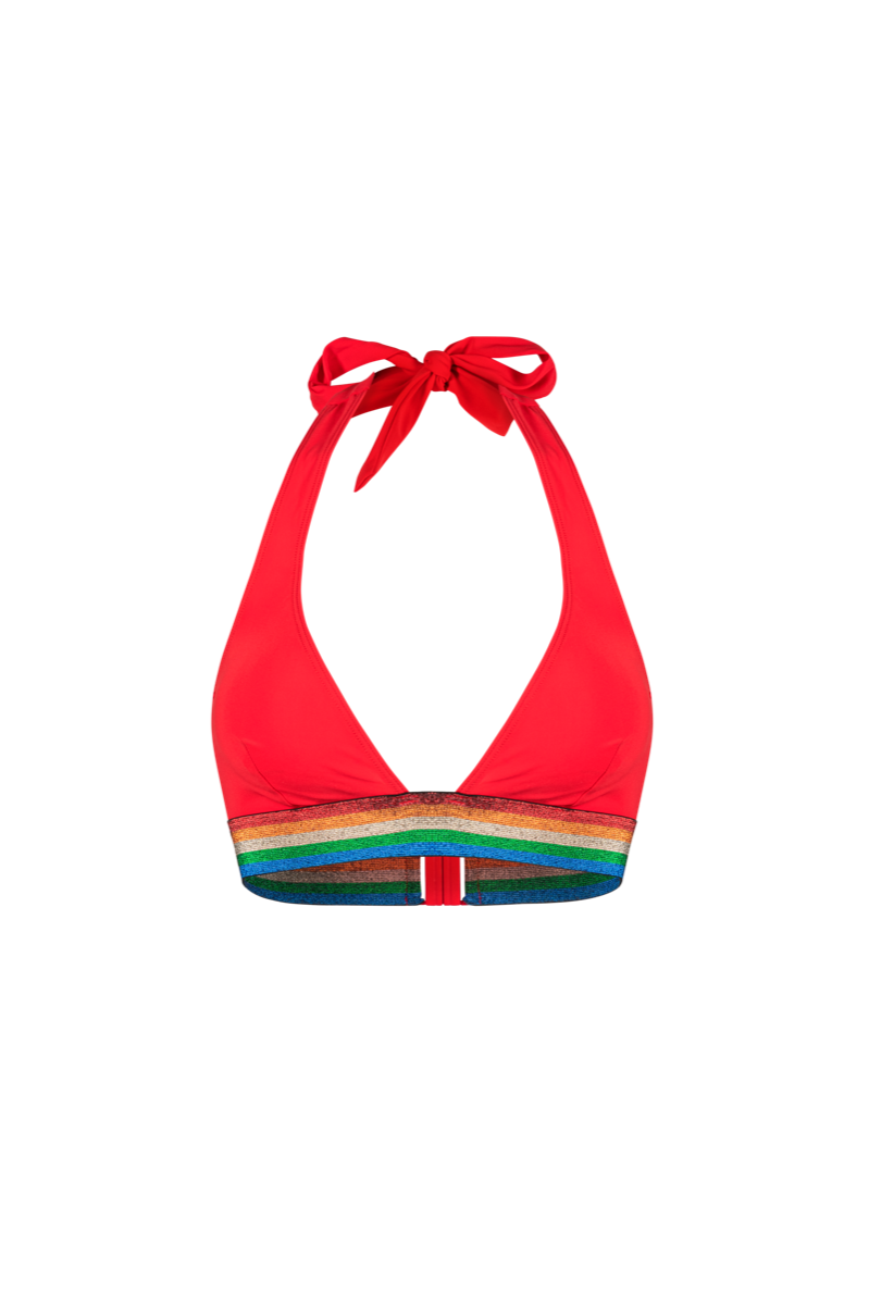 Haut de maillot de bain triangle rouge avec bande rayée en lurex.