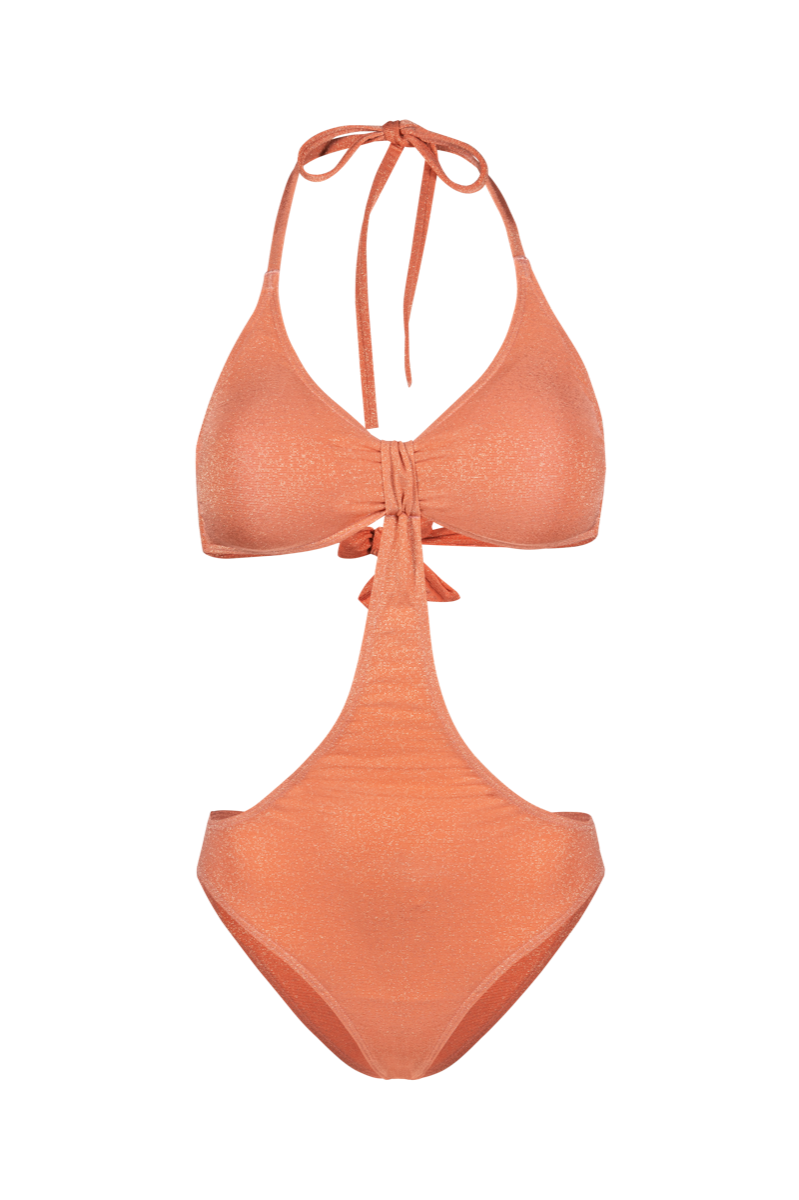 Trikini, maillot de bain une pièce orange en lurex pailleté.